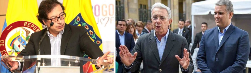 Not the best of friends: Gustavo Petro, left, and Alvaro Uribe speak while Ivan Duque looks on. Colombia president election Segunda Vuelta
