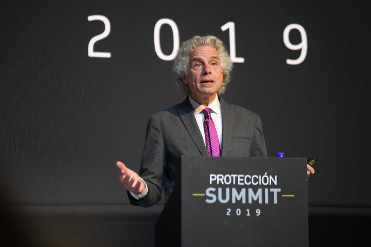 Steven Pinker speaks at the Proteccion Summit 2019 at the Cubo Colsubsidio building in Bogota, on October 22, 2019.