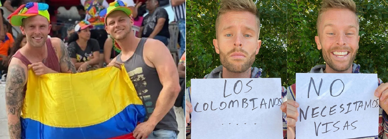 Good times, bad times: Social media influencers Zach Morris, left, and Dominic Wolf seen at Carnaval in Barranquilla, in February this year. Thieves at the celebrations later robbed them of their mobile phones, but they insisted the incident shouldn’t sour Colombia’s image for foreign tourists. Feeling Smug: Zach Morris posts photos that say “Colombians … We don’t need visas,” mocking Dominic Wolf shortly after the latter had his visa application denied. 