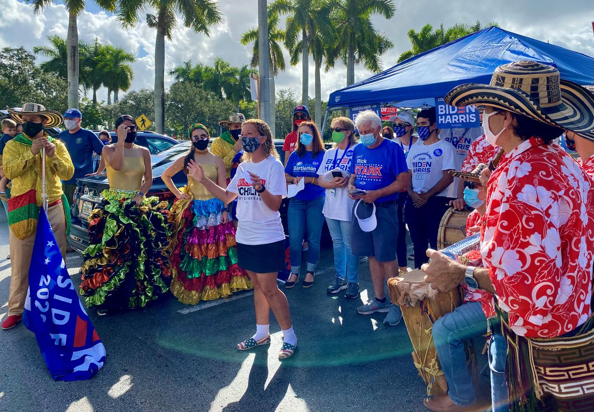 Congresswoman Debbie Wasserman Schultz urges the crowd to vote for presidential candidate Joe Biden during a Latinos to the Polls event in Weston, Florida.