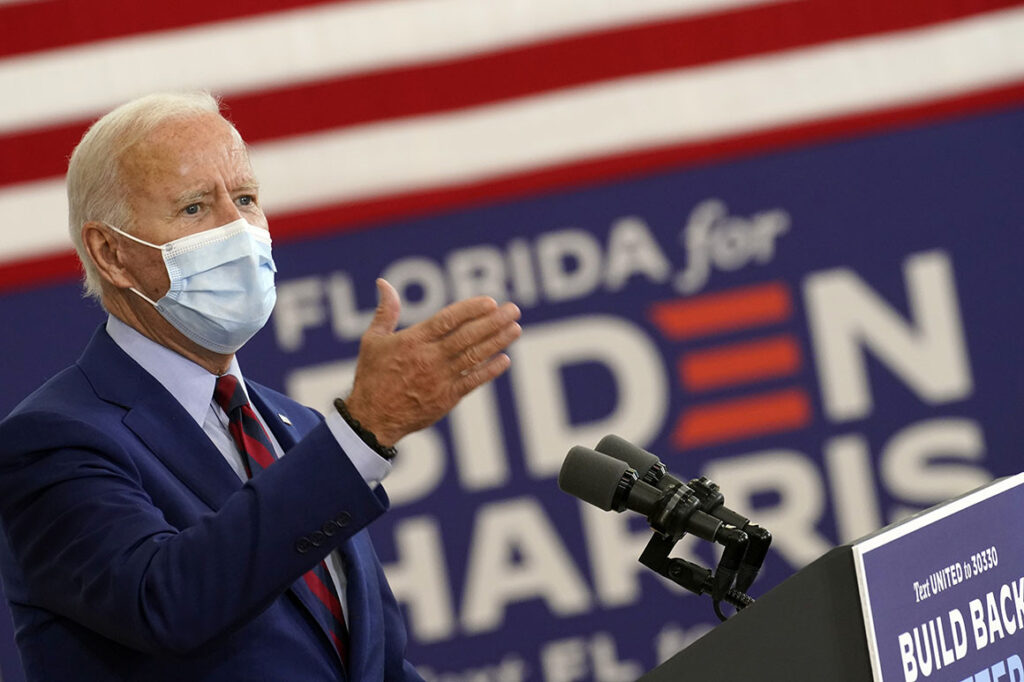 Democratic presidential candidate and former vice president Joe Biden speaks to supporters at a rally in Miami. Colombia, election, Plan Colombia, Donald Trump, US election.